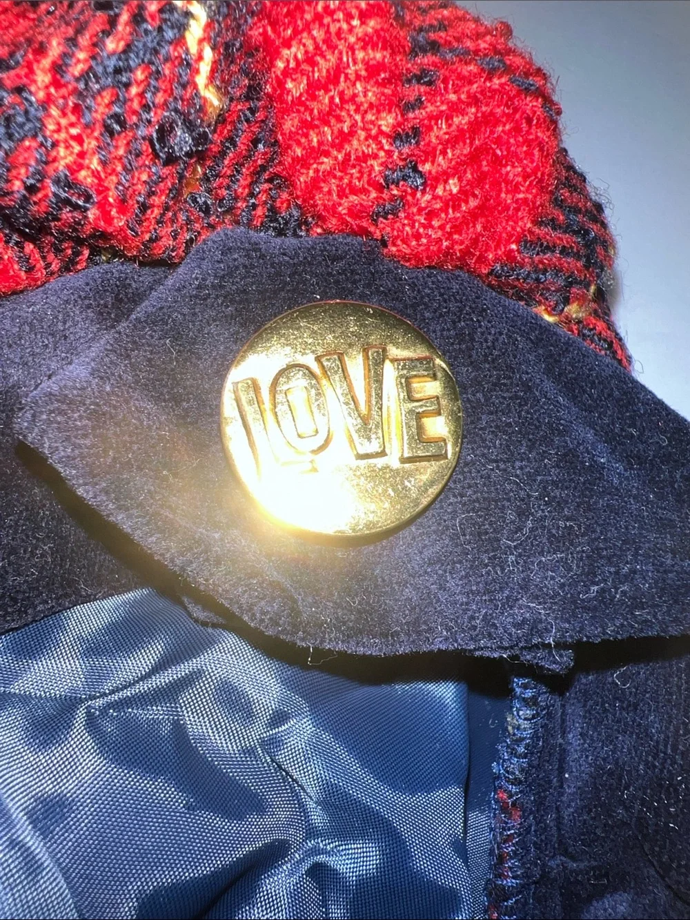 Vintage Kids Red Plaid Beret with Navy Band and Gold Button that says LOVE